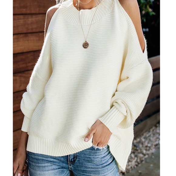 White Cold Shoulder Sweater - Picture 2 of 5